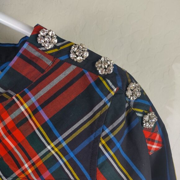 J Crew Funnelneck Shirt in Stewart Tartan Plaid Jeweled Rhinestone Button - Picture 6 of 9